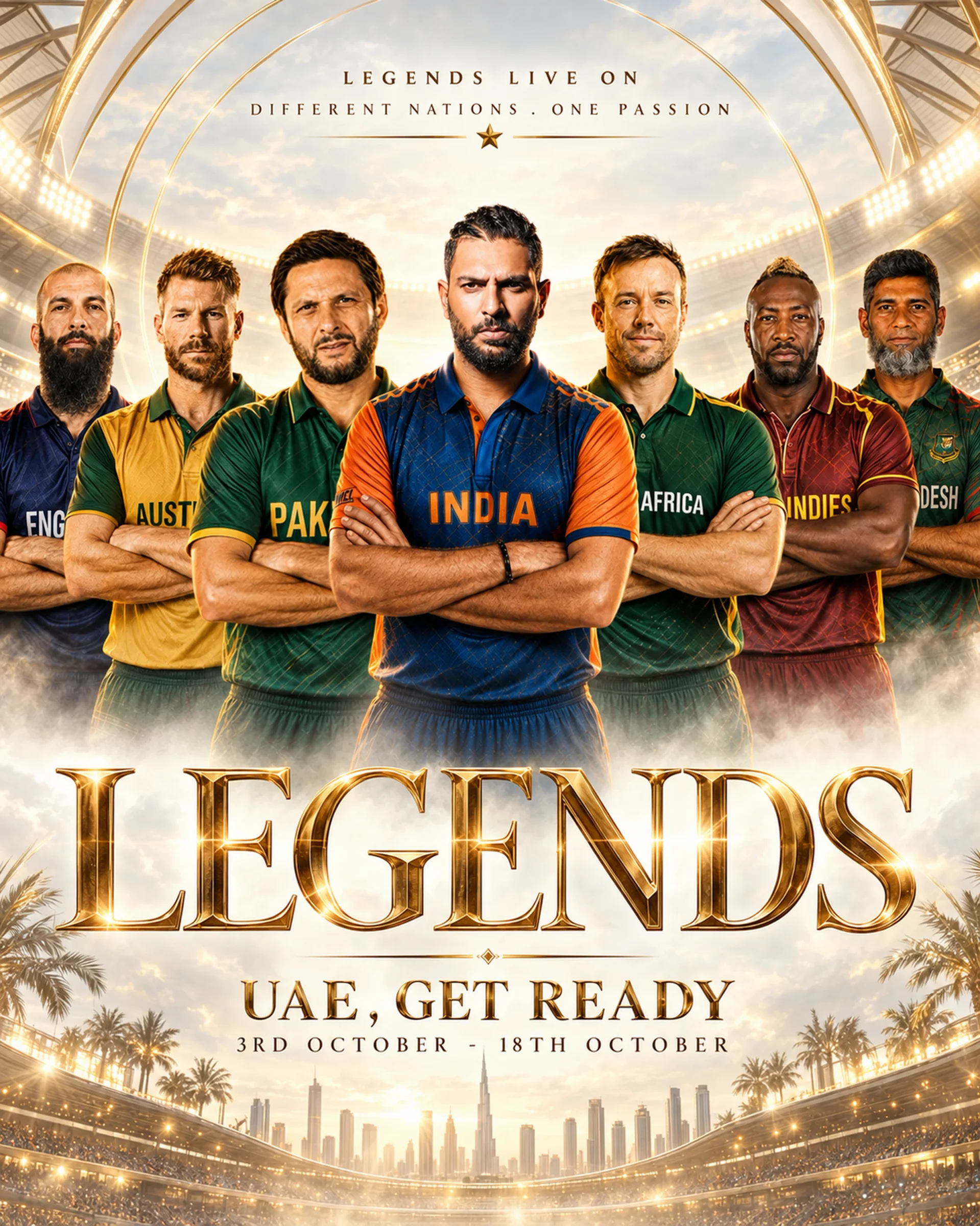 WCL Golden Arena campaign: seven nations, Legends live on. UAE, 3–18 October.